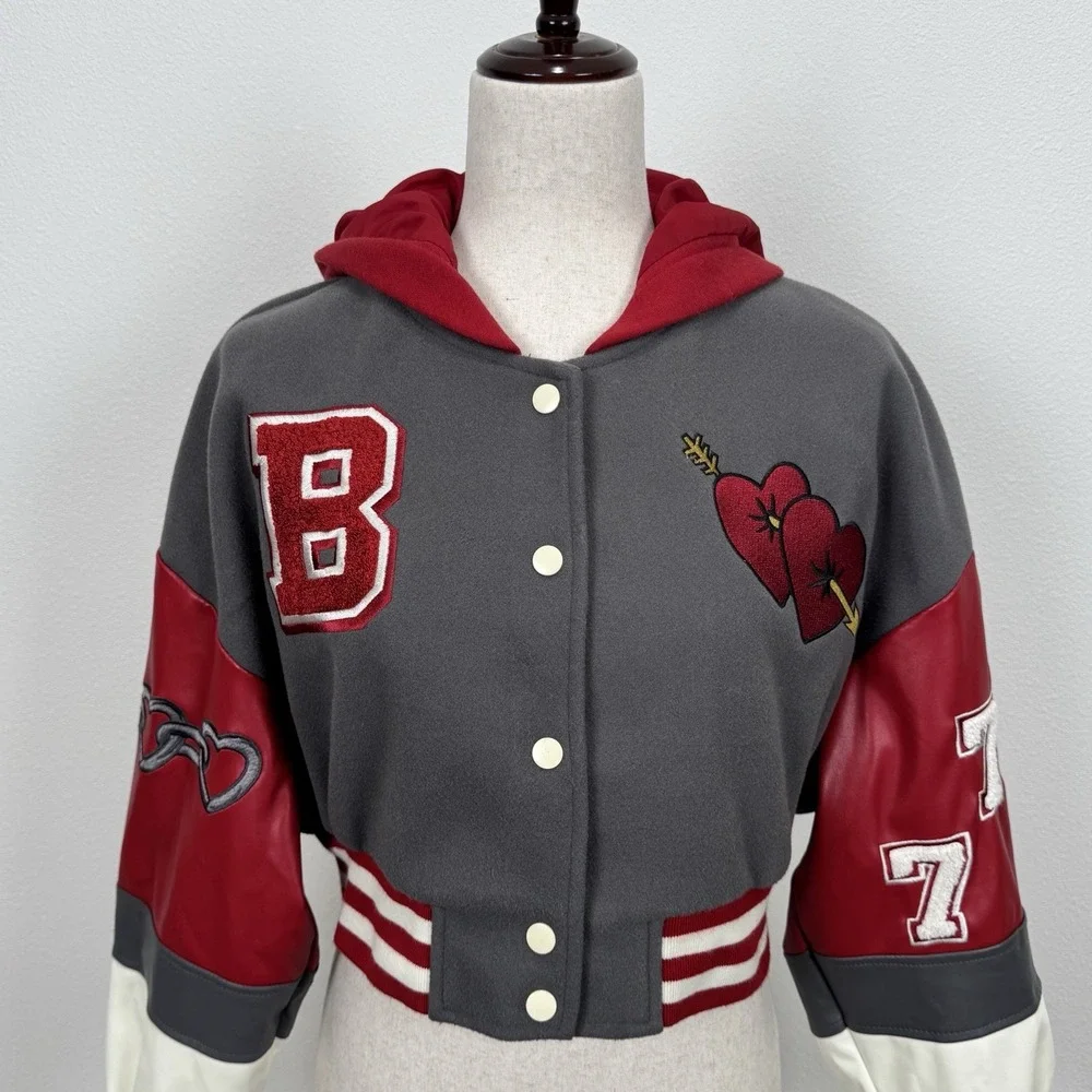 Forever 21 Varsity Jacket Womens Small Red Crop Baby Girl Y2K Bratz Streetwear - Picture 3 of 14